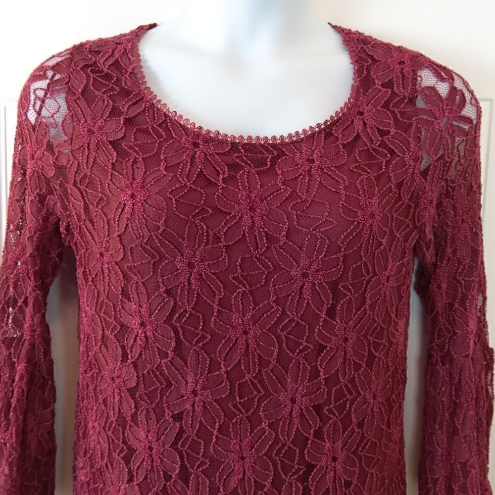 Blooming Rose maroon fully lined lace Bell sleeve dress - Picture 2 of 12